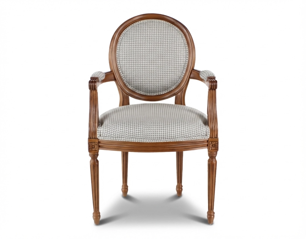 Sillón antiguo estilo Luis XVI bois teinte ancienne et tissu pied de poule blanc et taupe