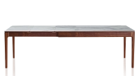 Table extensible 8 à 12 personnes en noyer et céramique allonges céramique avec bois teinte naturelle et plateau et allonges céramique effet marbre blanc 180x100 cm