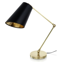 Black articulated desk lamp with black shade and gold interior Black articulated desk lamp with black shade and gold interior
