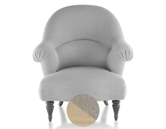 Fauteuil crapaud avec accoudoirs pieds bois teinte naturelle et tissu beige naturel moyen dossier