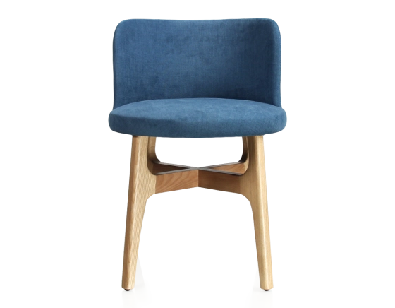 Designer chair natural tint wood, denim blue fabric seat