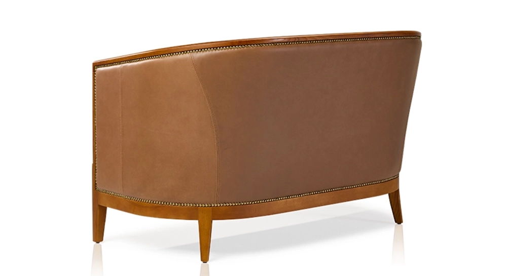 Canapé vintage 2 places bois teinte meriser et cuir noisette