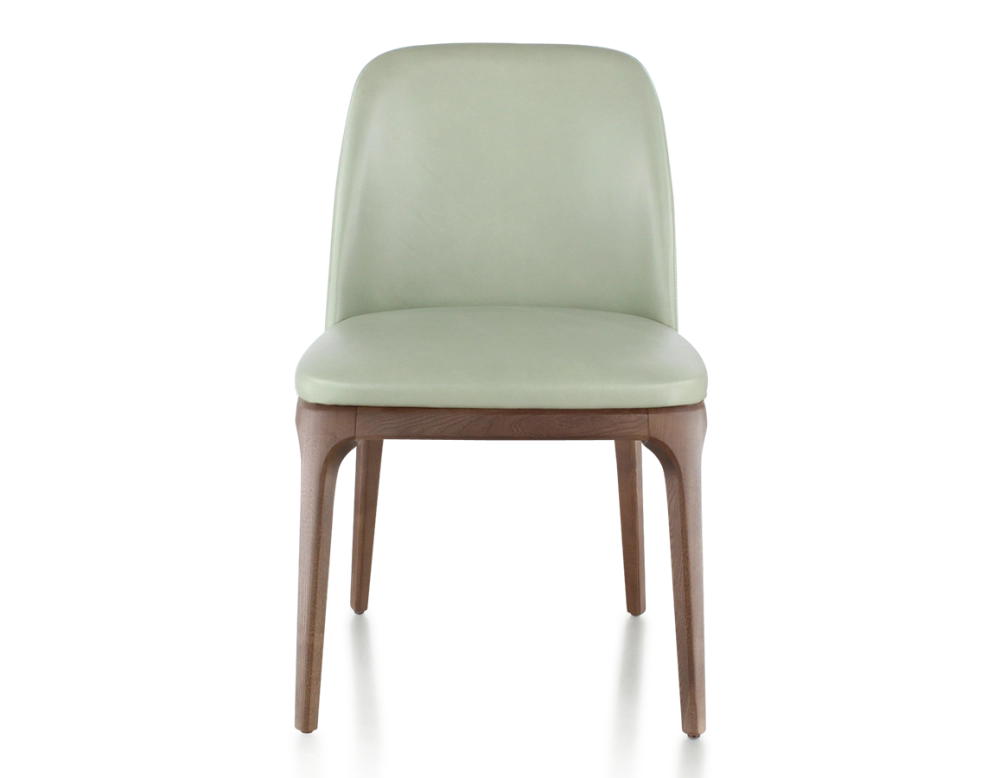 Chaise design bois teinte marron foncé et cuir vert sauge Chaise design bois teinte marron foncé et cuir vert sauge