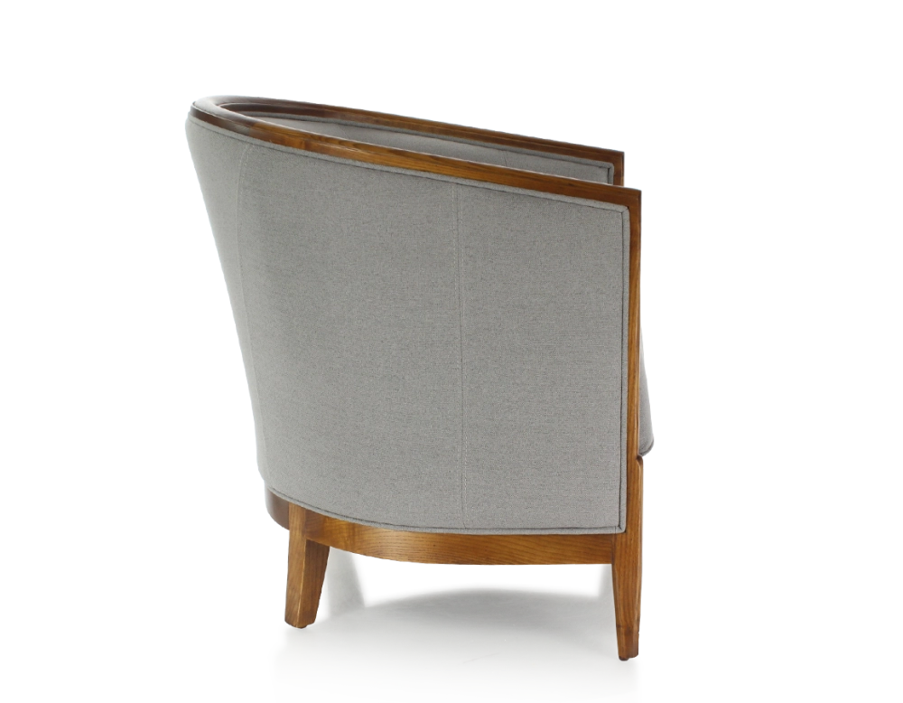 Fauteuil ancien accoudoirs moulurés bois teinte ancienne et tissu gris clair