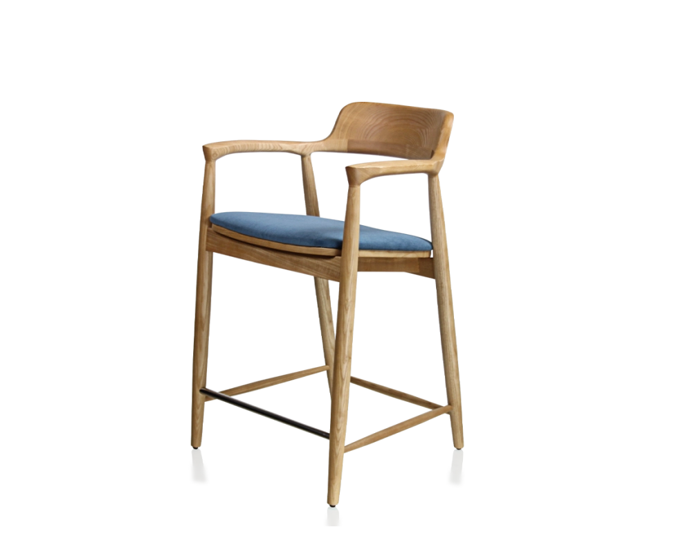 Tabouret de bar h60 cm bois teinte naturelle assise tissu bleu jean Tabouret de bar h60 cm bois teinte naturelle assise tissu bleu jean
