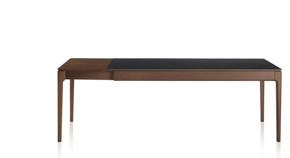 Table extensible 8 à 12 personnes en chêne et céramique allonges bois avec bois teinte marron foncé et plateau céramique noir unie 180x100 cm Table extensible 8 à 12 personnes en chêne et céramique allonges bois avec bois teinte marron foncé et plateau céramique noir unie 180x100 cm