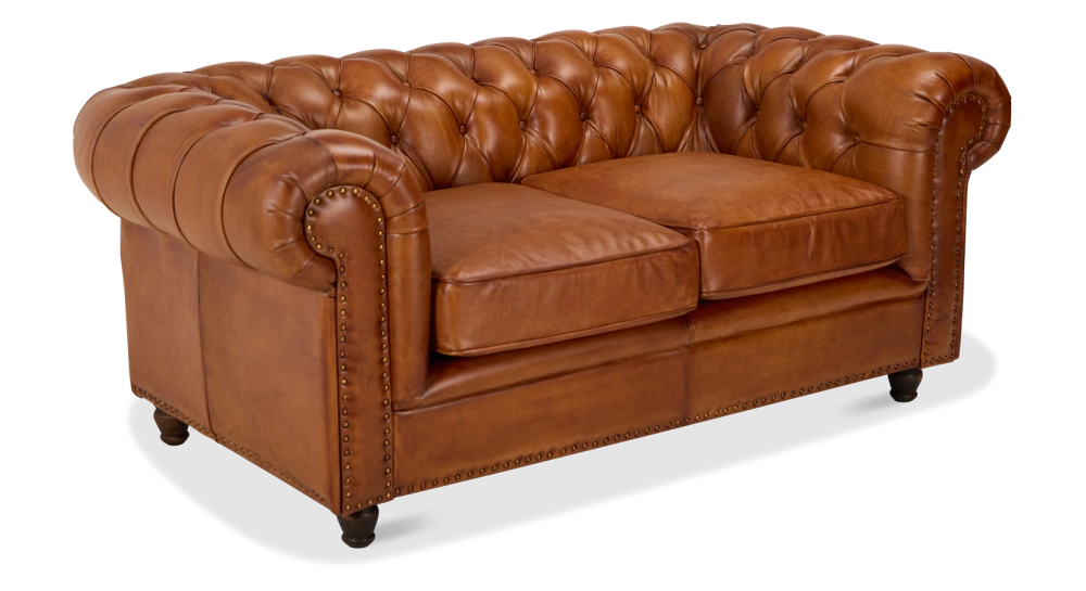 Canapé Chesterfield cuir 2 places marron clair accoudoirs cloutés Canapé Chesterfield cuir 2 places marron clair accoudoirs cloutés