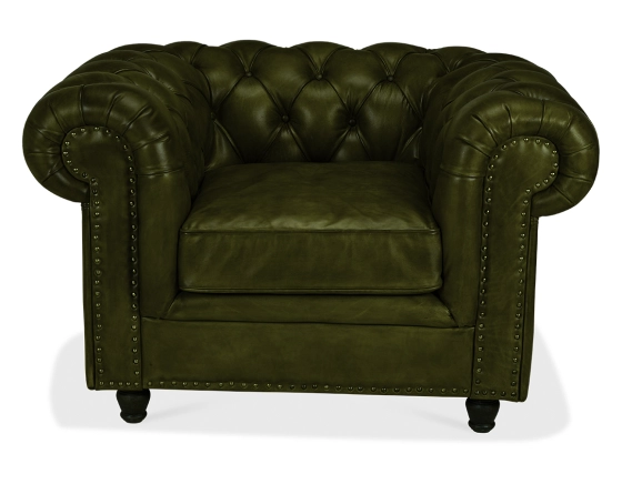 Fauteuil chesterfield cuir vert olive accoudoirs cloutés
