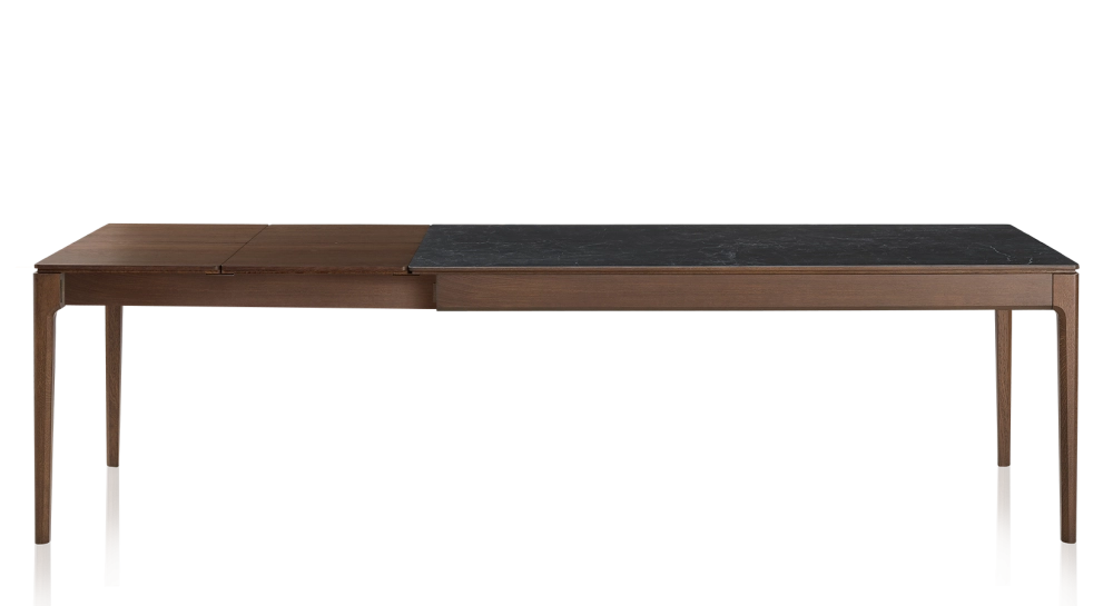 Table extensible 8 à 12 personnes en chêne et céramique allonges bois avec bois teinte marron foncé et plateau céramique effet ardoise 160x100 cm Table extensible 8 à 12 personnes en chêne et céramique allonges bois avec bois teinte marron foncé et plateau céramique effet ardoise 160x100 cm
