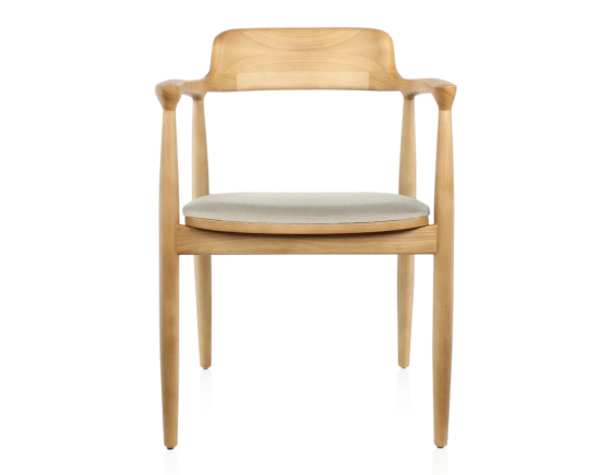 Chaise scandinave bois teinte naturelle assise tissu chevron beige