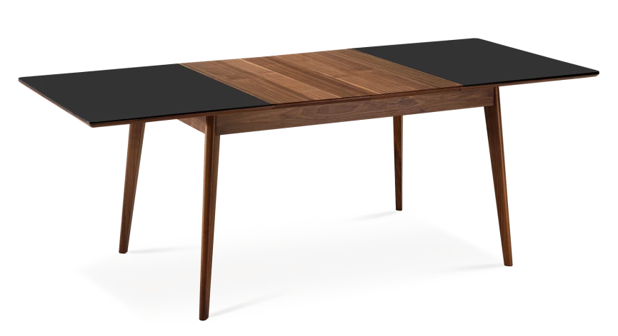 Table extensible en noyer et céramique allonges bois avec bois teinte naturelle et plateau céramique noir unie 140x90 cm
