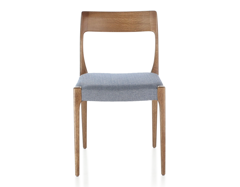 Scandinavian chair walnut-stained wood, blue chevron fabric seat Scandinavian chair walnut-stained wood, blue chevron fabric seat