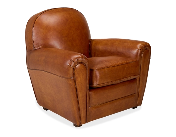 Fauteuil club cuir marron clair accoudoirs passepoil