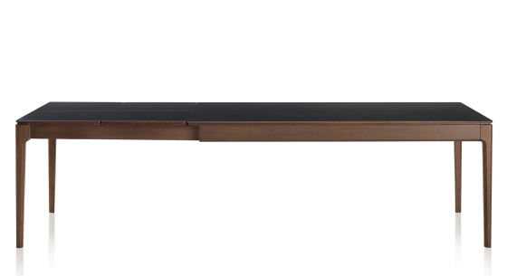Table extensible 8 à 12 personnes en chêne et céramique allonges céramique avec bois teinte marron foncé et plateau et allonges céramique noire unie 180x100 cm