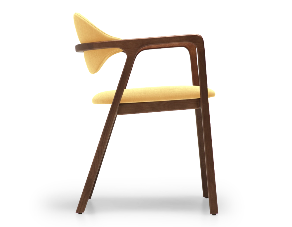 Designer armchair dark brown stained wood and yellow fabric Designer armchair dark brown stained wood and yellow fabric