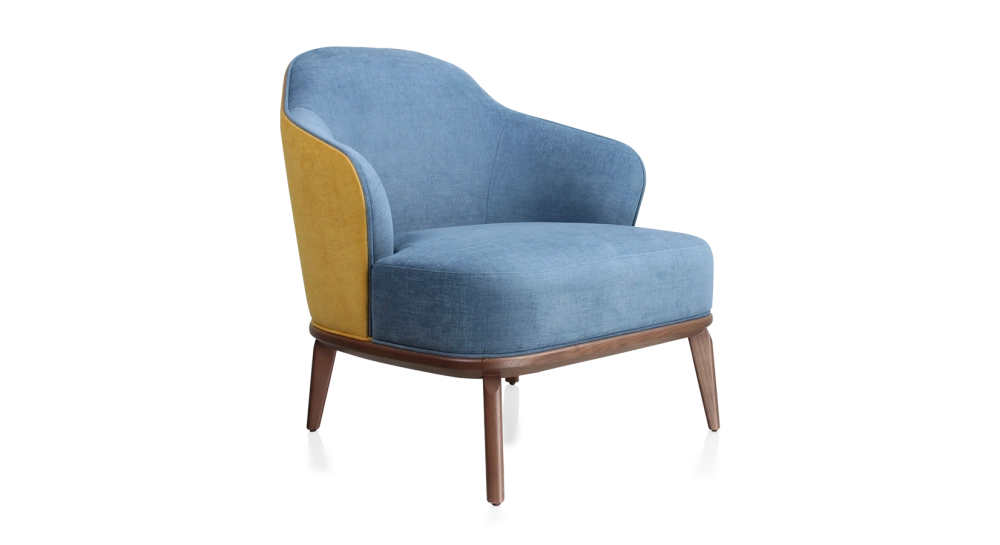 Fauteuil design tissu jaune et bleu jean