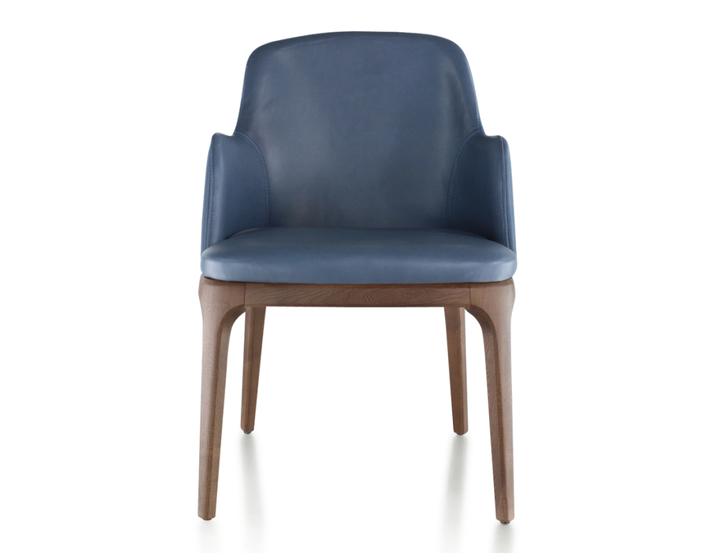 Chaise design avec accoudoirs bois teinte marron foncé et cuir bleu orage Chaise design avec accoudoirs bois teinte marron foncé et cuir bleu orage