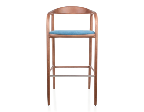 Tabouret de bar h80 cm teinte noyer assise tissu bleu jean bois teinte noyer et tissu bleu jean