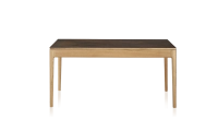 Extendable table for 8 to 12 people in oak and ceramic with ceramic extensions with natural stained wood and oxidised brown ceramic top and extensions 160x100 cm