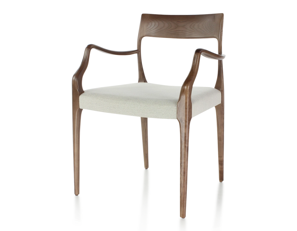 Chaise scandinave avec accoudoirs bois teinte marron foncé assise tissu beige naturel Chaise scandinave avec accoudoirs bois teinte marron foncé assise tissu beige naturel
