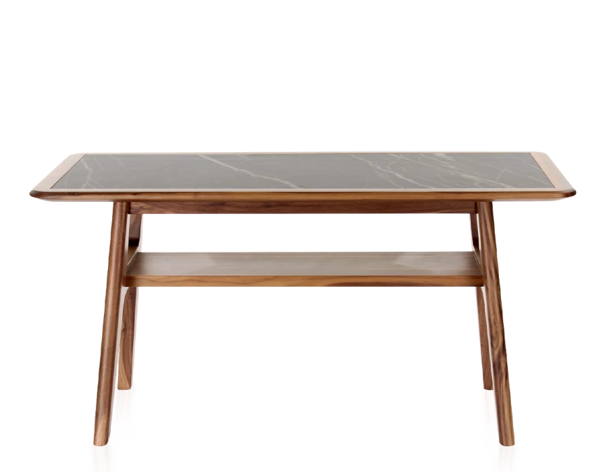 Table basse rectangulaire en noyer et céramique bois teinte naturelle plateau céramique effet marbre noir 100x50 cm