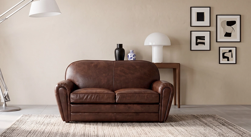 2 seater leather club sofa dark brown piped armrests