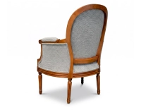 Fauteuil bergère mouluré style Louis XVI bois teinte ancienne et tissu chiné gris bleu