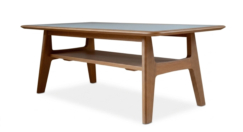 Square coffee table in oak and ceramic. with a natural wood finish and a white marble-effect ceramic top. 120x120 cm
