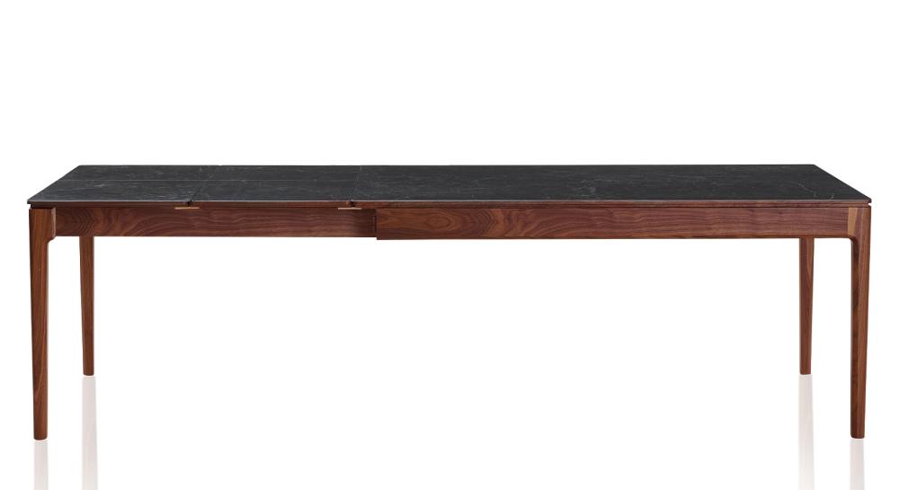 Table extensible 8 à 12 personnes en noyer et céramique allonges céramique avec bois teinte naturelle et plateau et allonges céramique effet ardoise 180x100 cm