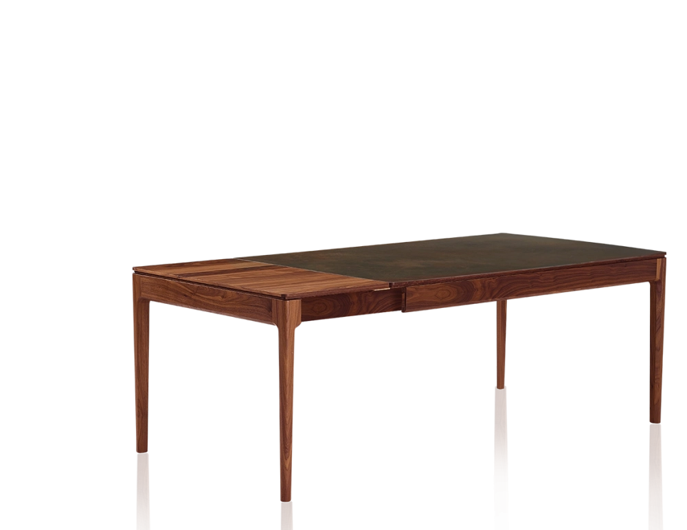 Table extensible 6 à 12 personnes en noyer et céramique allonges bois avec bois teinte naturelle et plateau céramique brun oxydé 140x100 cm Table extensible 6 à 12 personnes en noyer et céramique allonges bois avec bois teinte naturelle et plateau céramique brun oxydé 140x100 cm