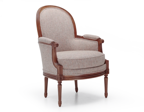 Louis XVI style moulded bergère armchair wood antique stain and orange fabric