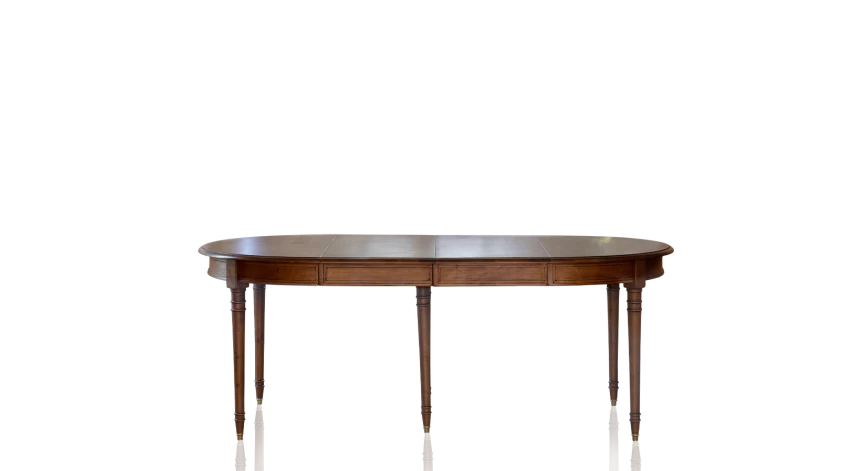 Table ronde Louis XVI extensible 14 à 24 personnes bois teinte ancienne avec 5 allonges 110x120cm