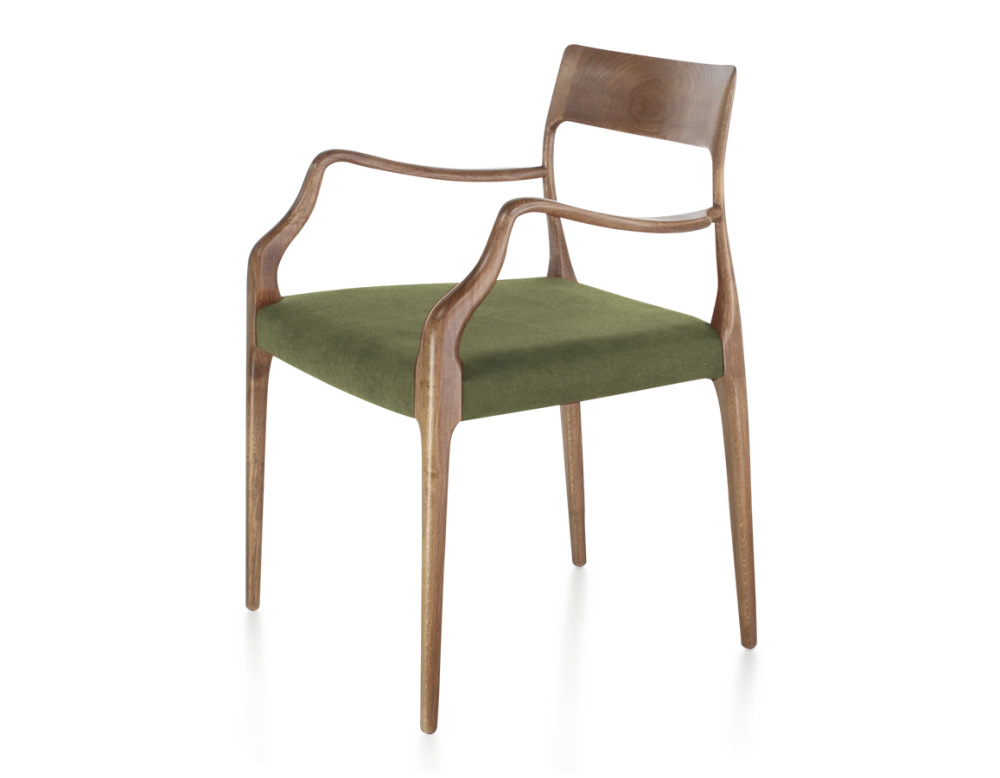 Chaise scandinave avec accoudoirs bois teinte noyer assise tissu vert olive Chaise scandinave avec accoudoirs bois teinte noyer assise tissu vert olive