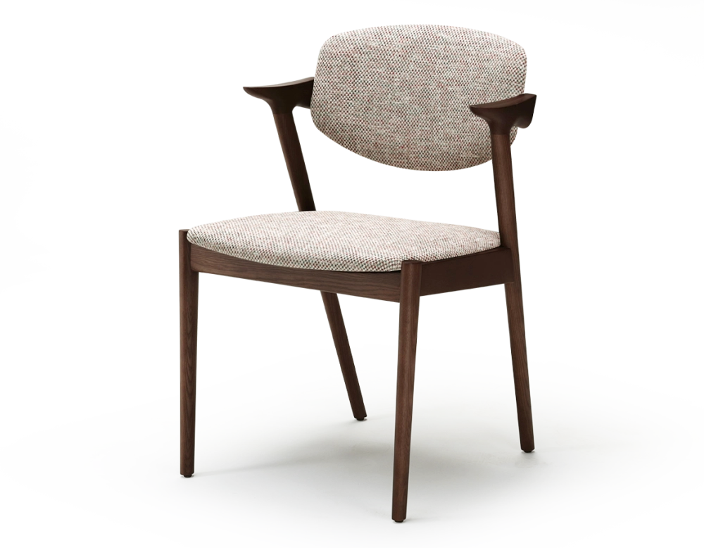Scandinavian chair dark brown stained wood with fusion fabric seat. Scandinavian chair dark brown stained wood with fusion fabric seat.