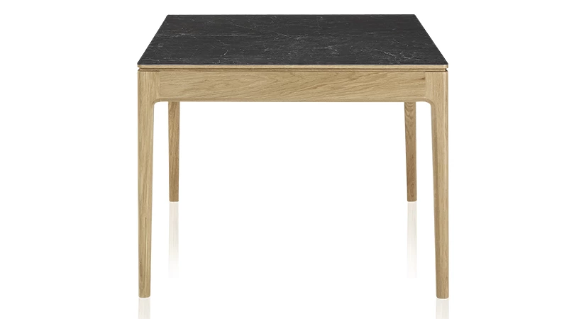 Table extensible en chêne et céramique allonges céramique avec bois teinte naturelle et plateau et allonges céramique effet ardoise 140x90 cm