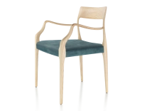 Scandinavian armchair with armrests natural stained wood, petrol blue velvet seat Scandinavian armchair with armrests natural stained wood, petrol blue velvet seat
