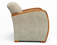 Fauteuil design bois teinte merisier et tissu vert bambou