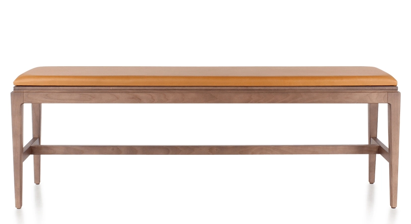Banc design bois teinte noyer assise cuir caramel L140 cm Banc design bois teinte noyer assise cuir caramel L140 cm