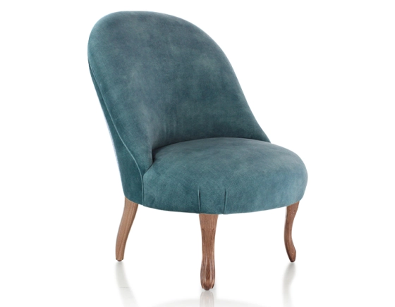 Fauteuil crapaud sans accoudoirs pieds bois teinte noyer et tissu velours bleu pétrole