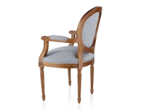 Chaise ancienne style Louis XVI avec accoudoirs bois teinte ancienne dossier canné assise tissu chevron bleu