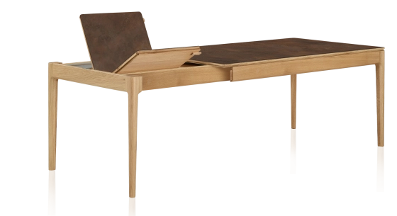 Table extensible en chêne et céramique 6 à 10 personnes allonges céramique avec bois teinte naturelle et plateau et allonges céramique brun oxydé 140x90 cm