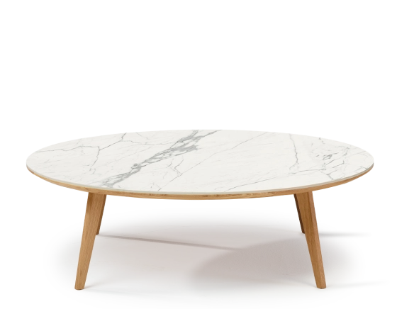 Round coffee table F1 in oak and ceramic wooden tray with a natural finish and a white marble-effect ceramic top m1. 120x120x30 cm