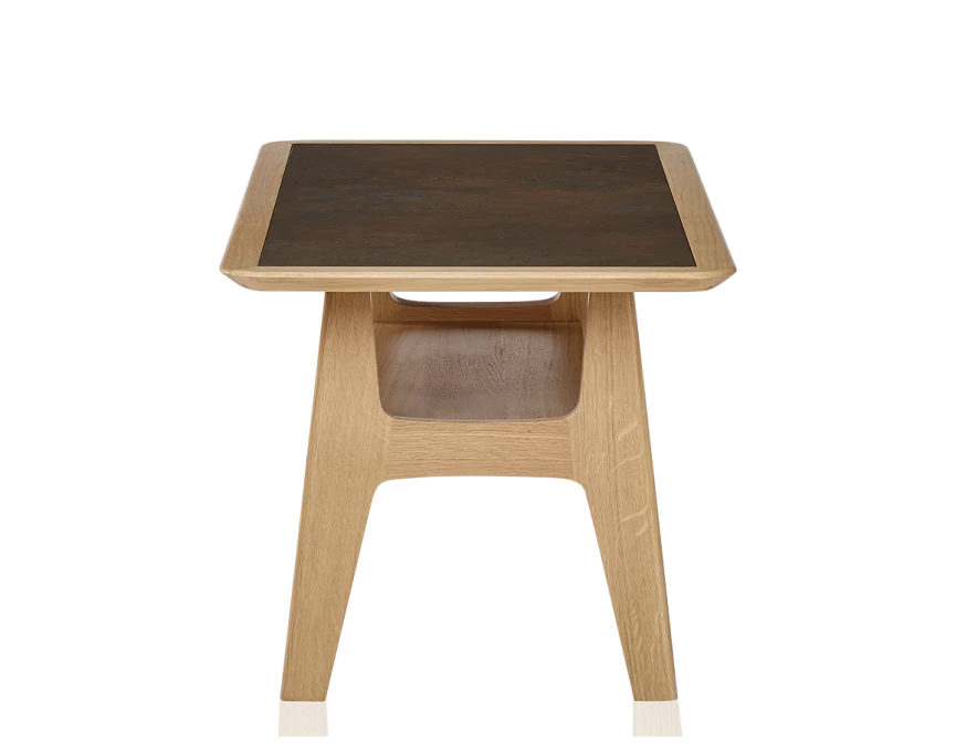 Table basse rectangulaire en chêne et céramique avec bois teinte naturelle plateau céramique brun oxydé 100x50 cm
