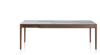Extendable table for 8 to 12 people in oak and ceramic with ceramic extensions with dark brown stained wood and white marble effect ceramic top and extensions 160x100 cm