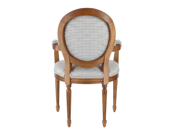 Sillón antiguo estilo Luis XVI bois teinte ancienne et tissu pied de poule blanc et taupe