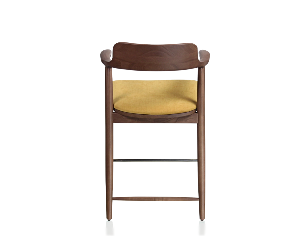 Tabouret de bar h60 cm bois teinte noyer assise tissu jaune Tabouret de bar h60 cm bois teinte noyer assise tissu jaune