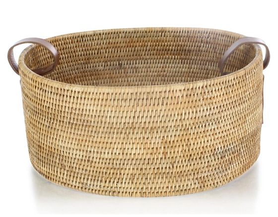 Natural rattan storage basket with leather handles, small model