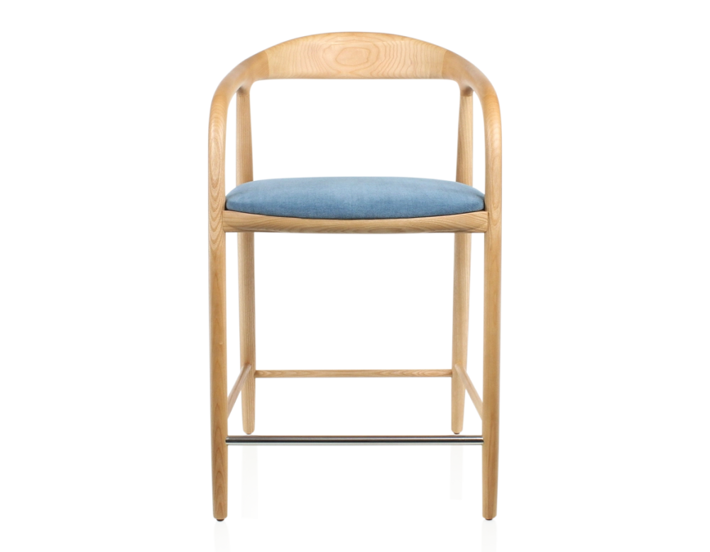 Tabouret de bar H60 cm bois teinte naturelle et tissu bleu jean Tabouret de bar H60 cm bois teinte naturelle et tissu bleu jean