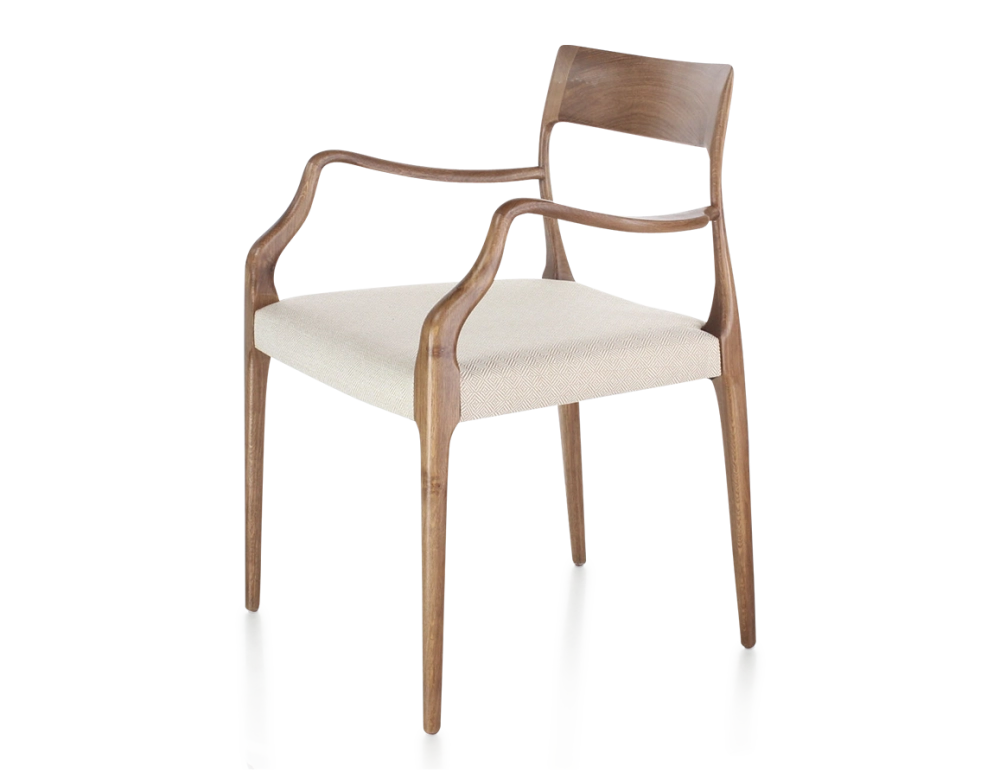 Chaise scandinave avec accoudoirs bois teinte noyer assise tissu chevron beige Chaise scandinave avec accoudoirs bois teinte noyer assise tissu chevron beige