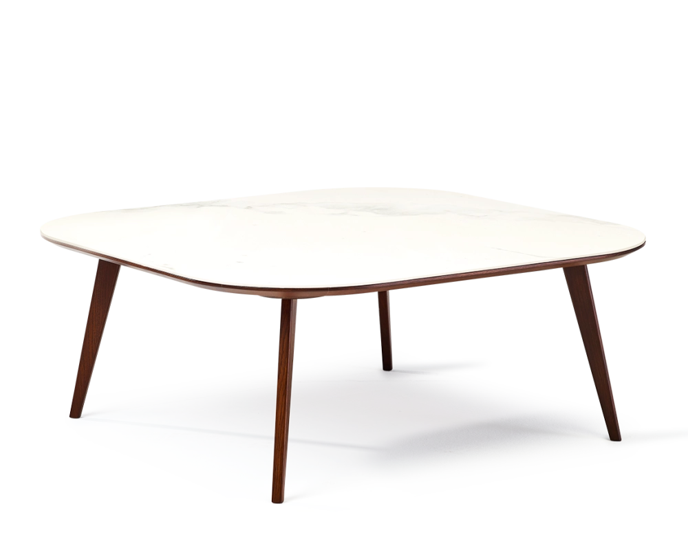 Table basse carré aux angles arrondis F2 en chêne et céramique bois teinte marron foncé plateau céramique effet marbre blanc 100x100x40 cm